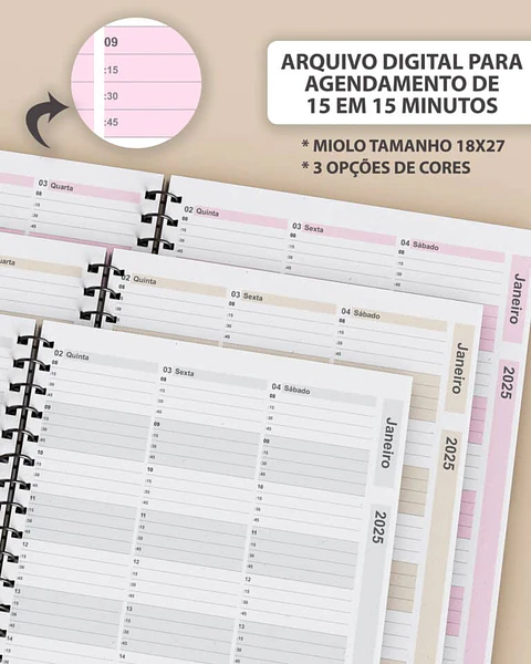 Arquivo Kit Agendamento Semanal 2025 de 15 em 15 minutos em 3 Cores - BICHO PAPEL