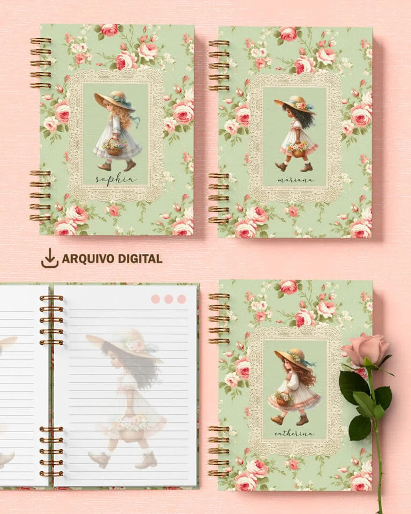 Arquivo Kit 6 Capas e 6 Miolos Decorados Coleção Doce Menina - BICHO PAPEL 1