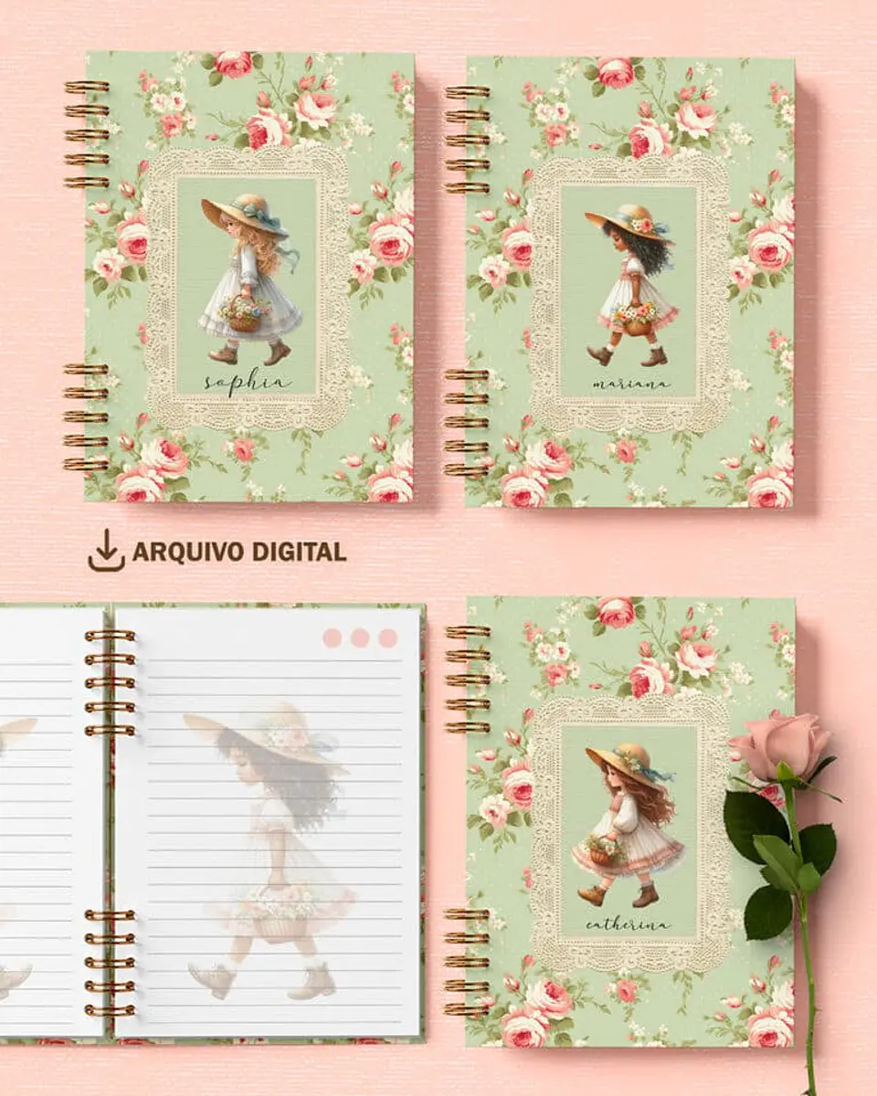 Arquivo Kit 6 Capas e 6 Miolos Decorados Coleção Doce Menina - BICHO PAPEL 1
