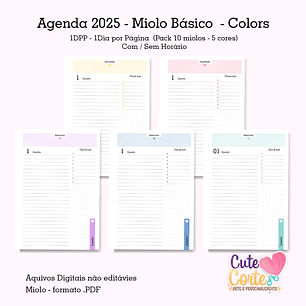 Arquivo Pack Miolos Básicos 1DPP A5 2025 - Datada Coleção Colors - CUTE CORTE