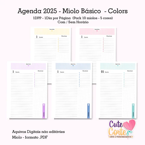 Arquivo Pack Miolos Básicos 1DPP A5 2025 - Datada Coleção Colors - CUTE CORTE
