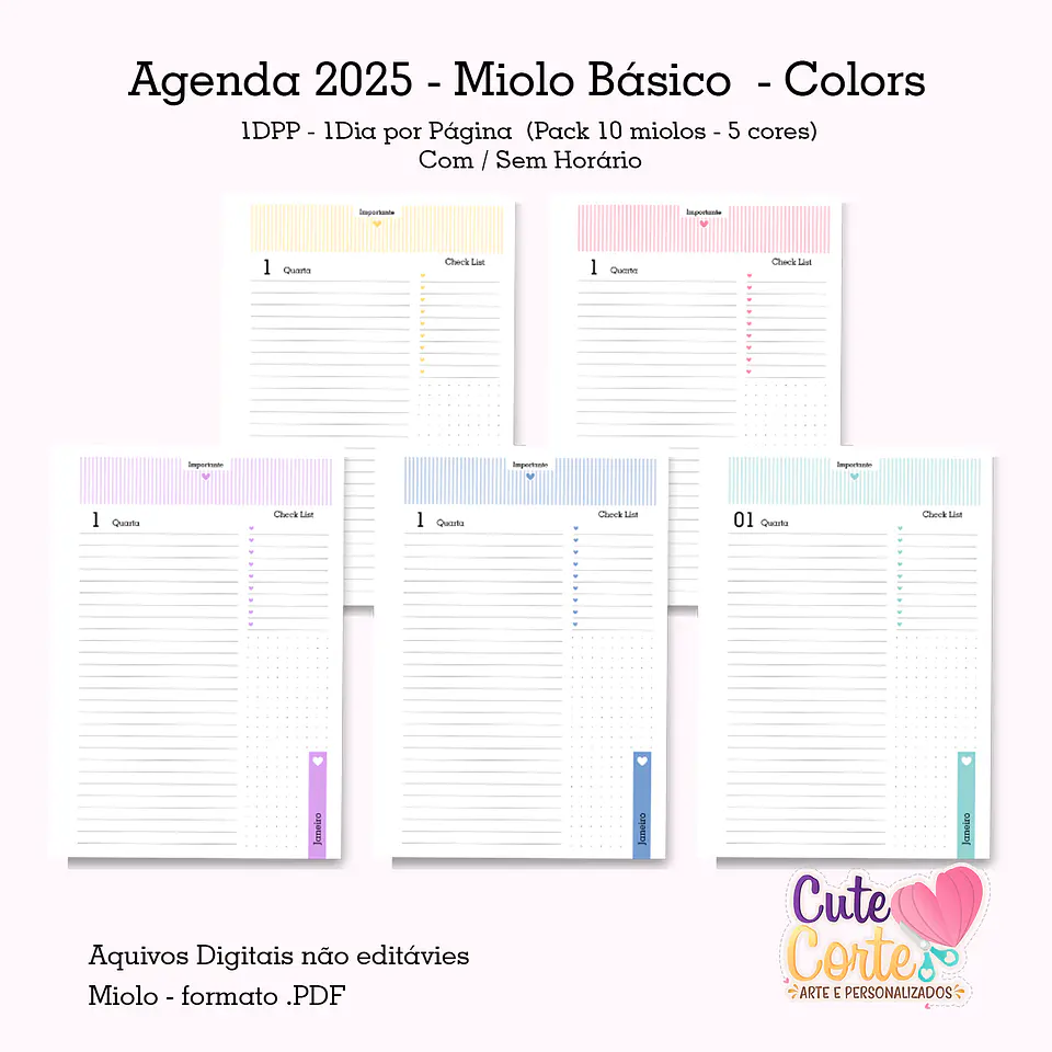 Arquivo Pack Miolos Básicos 1DPP A5 2025 - Datada Coleção Colors - CUTE CORTE 1