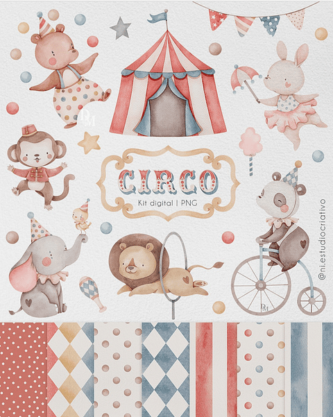 Kit Digital Circo Aquarela Papéis e Clipparts - NI ESTUDIO