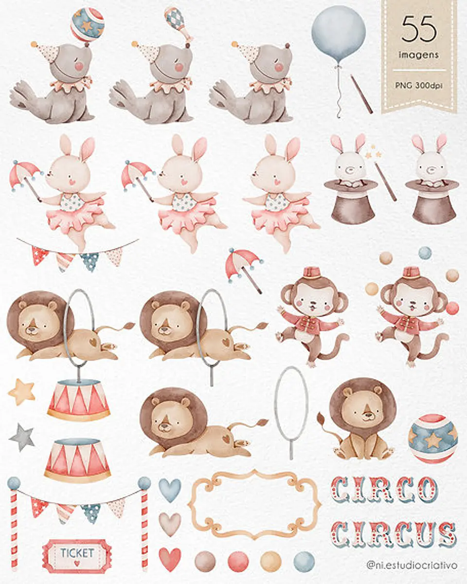 Kit Digital Circo Aquarela Papéis e Clipparts - NI ESTUDIO 5