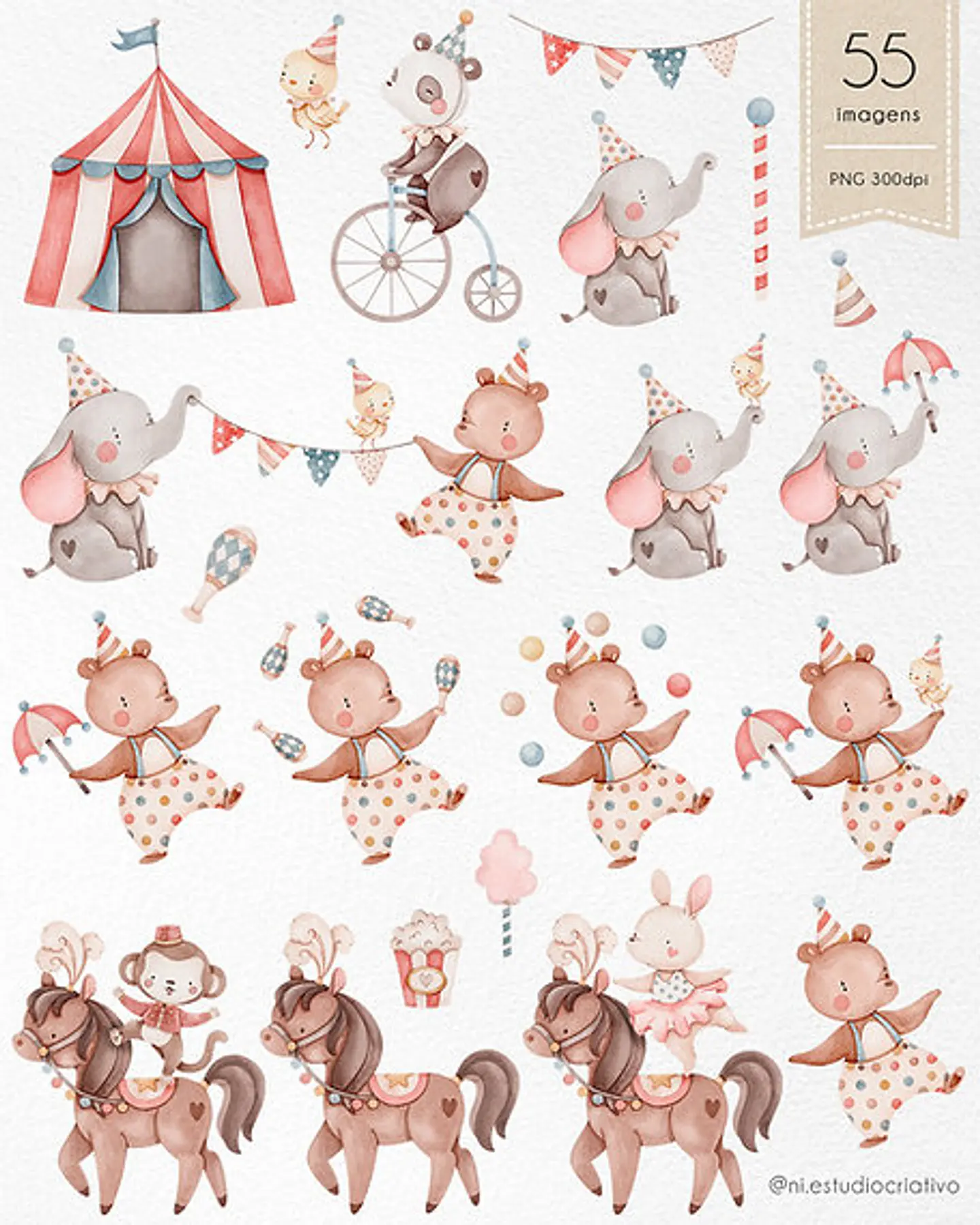 Kit Digital Circo Aquarela Papéis e Clipparts - NI ESTUDIO 7