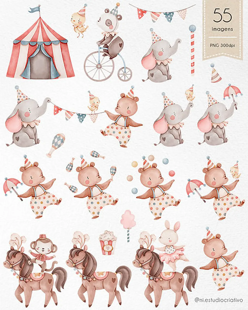 Kit Digital Circo Aquarela Papéis e Clipparts - NI ESTUDIO 7