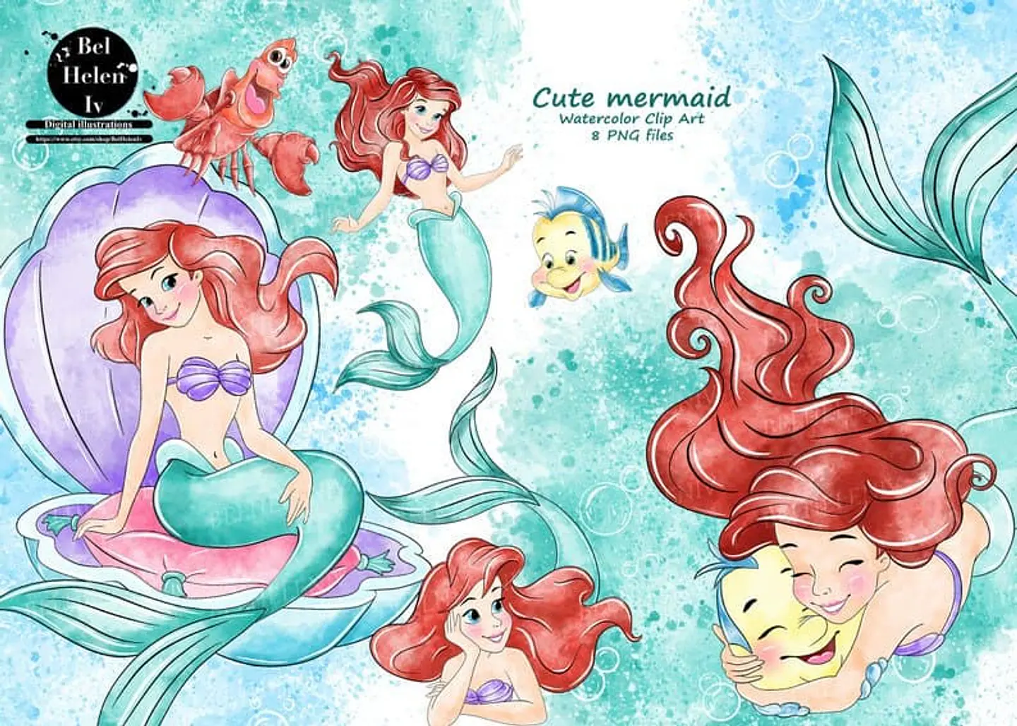 Kit Digital Pequena Sereia Ariel em Aquarela 1