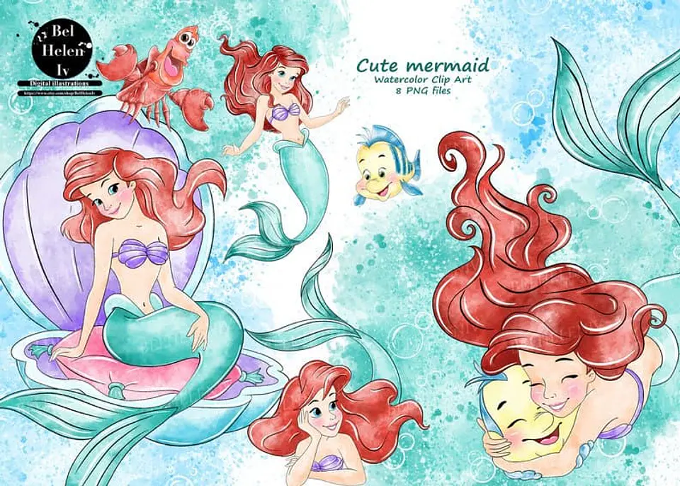Kit Digital Pequena Sereia Ariel em Aquarela 1