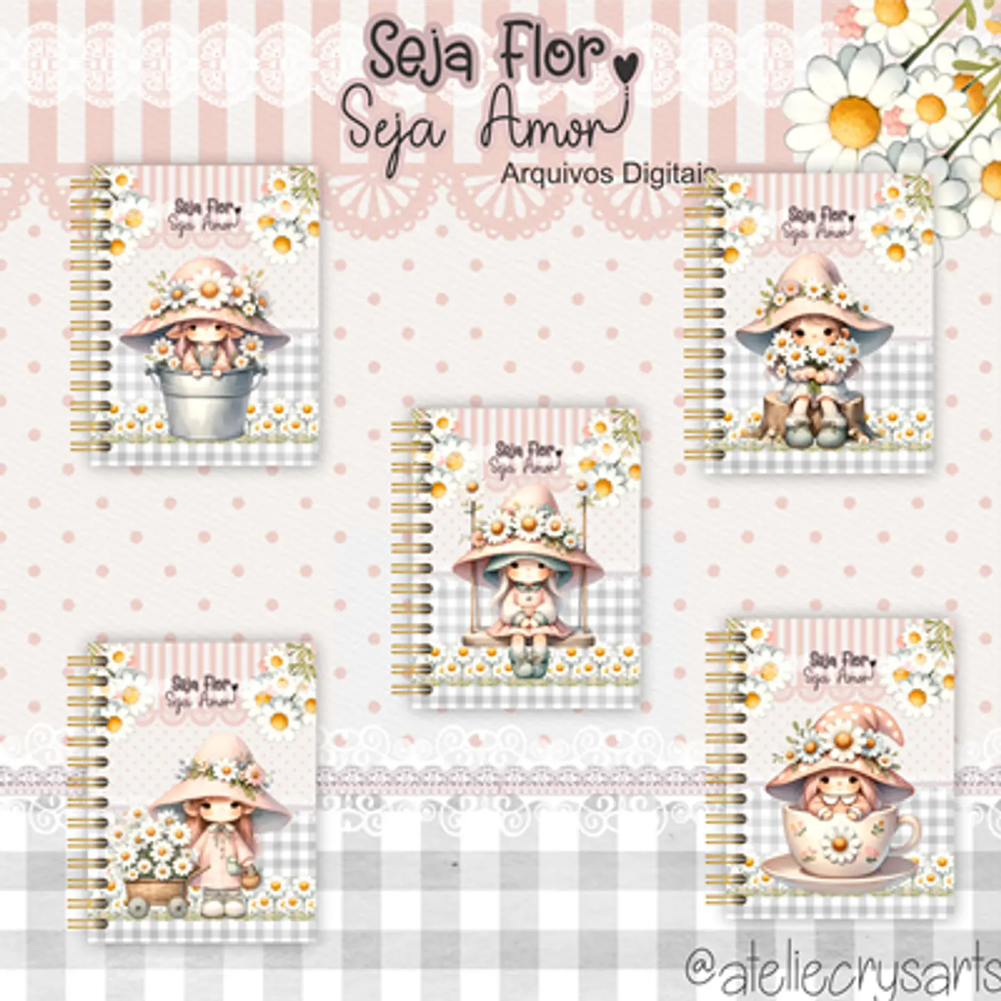 Arquivo Cadernos de Anotações A5, Bloquinhos, Marca Páginas e Brindes  Menina Floral - Coleção Seja Flor Seja Amor 4
