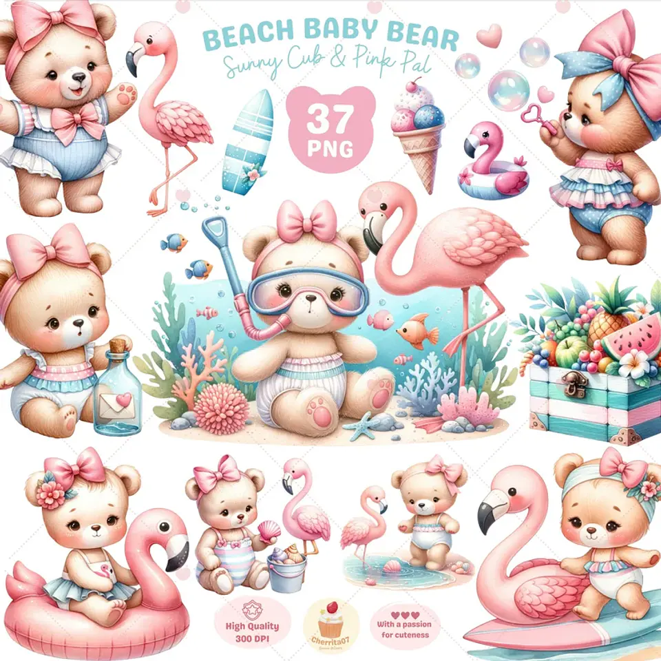 Kit Digital Pool Party Ursinha Baby Aquarela 1