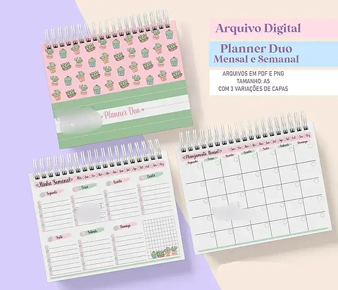 Arquivo Planner Duo Cactos Mensal e Semanal Permanente A5