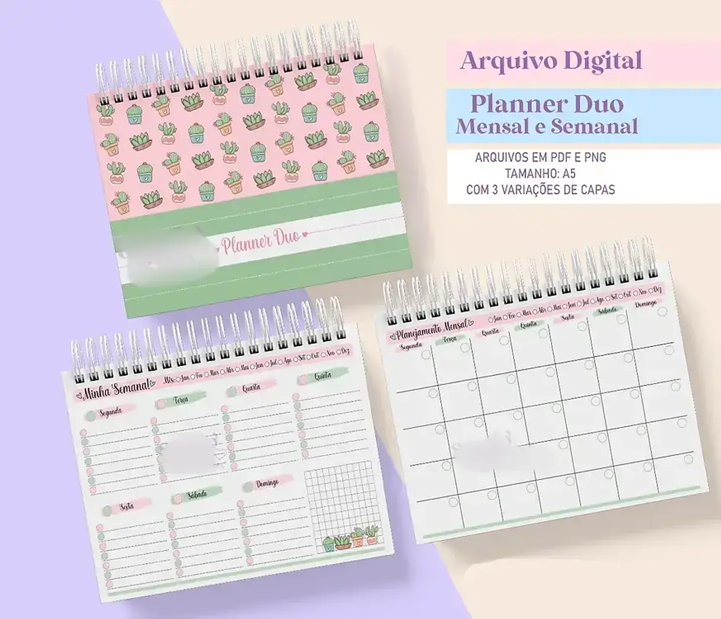 Arquivo Planner Duo Cactos Mensal e Semanal Permanente A5 1