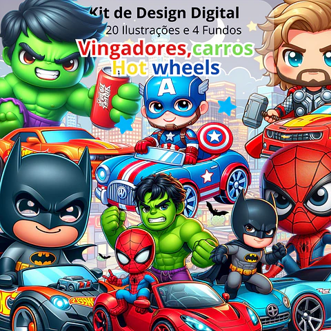 Kit Digital Heróis Vingadores com Carros Hot wheels