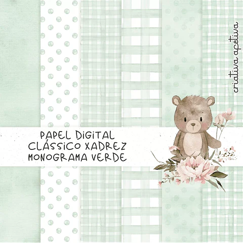 Kit Digital Papel Xadrez Monograma Verde