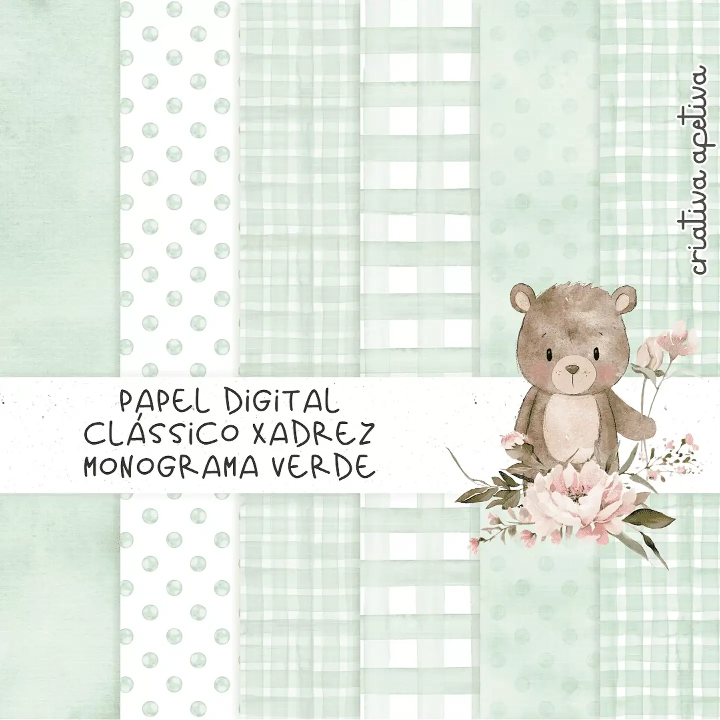 Kit Digital Papel Xadrez Monograma Verde 1