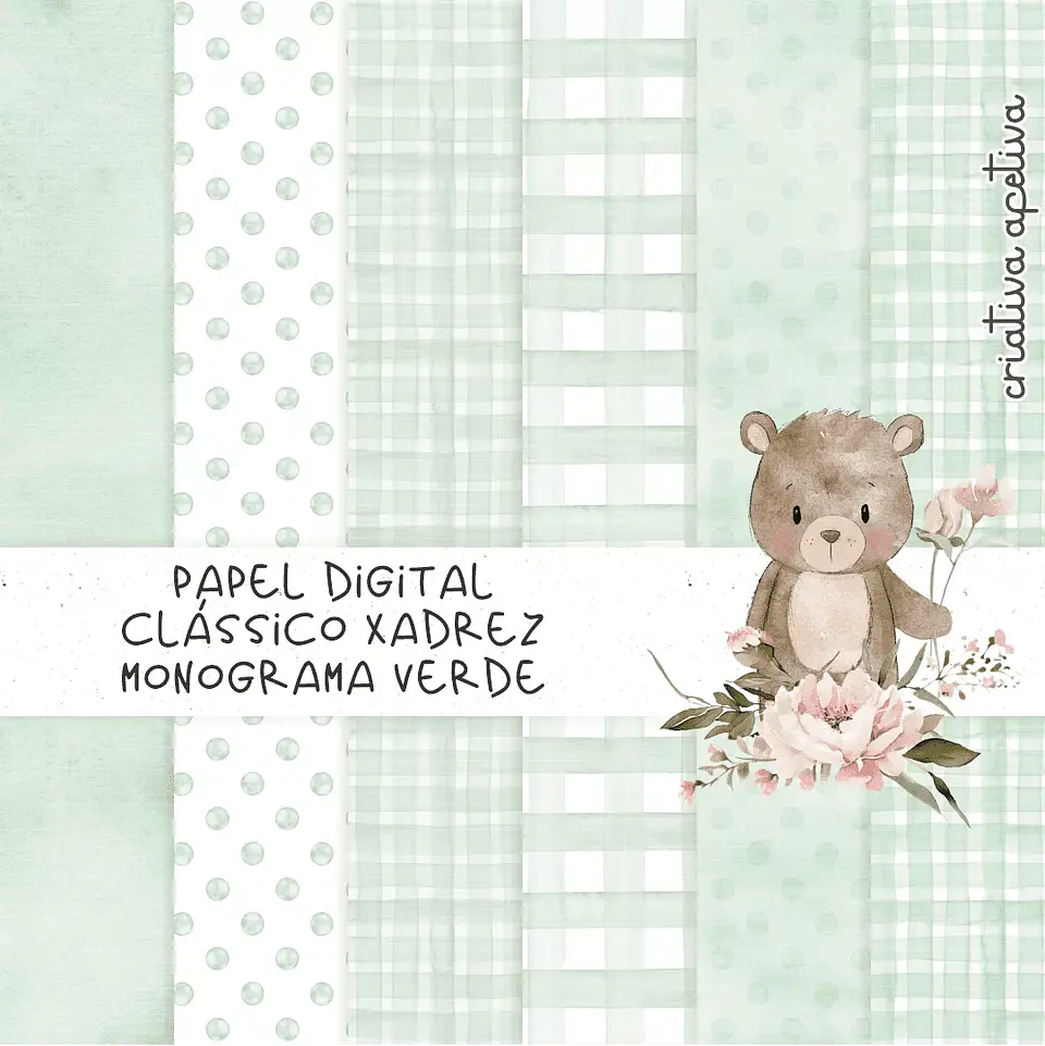 Kit Digital Papel Xadrez Monograma Verde 1