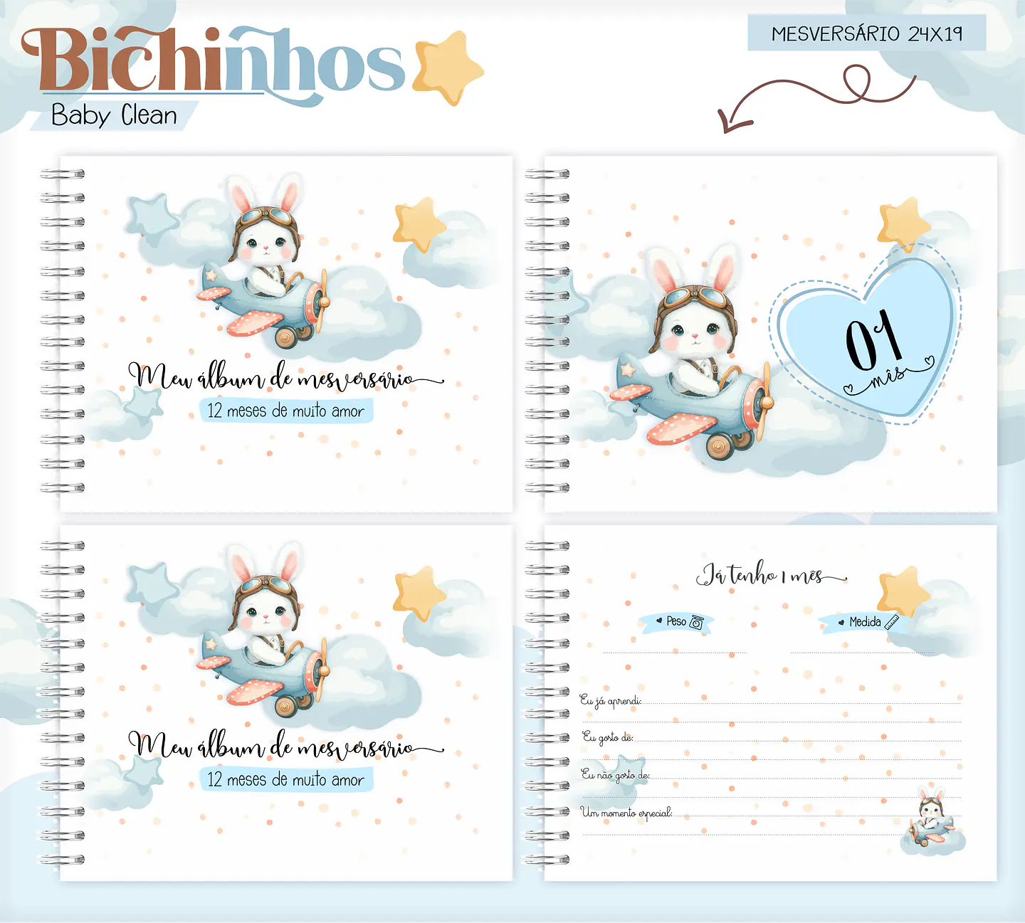 Arquivo Combo Encadernação Baby Coelhinho Aviador Alfabeto 12