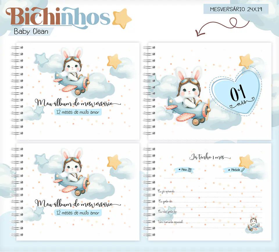 Arquivo Combo Encadernação Baby Coelhinho Aviador Alfabeto 12