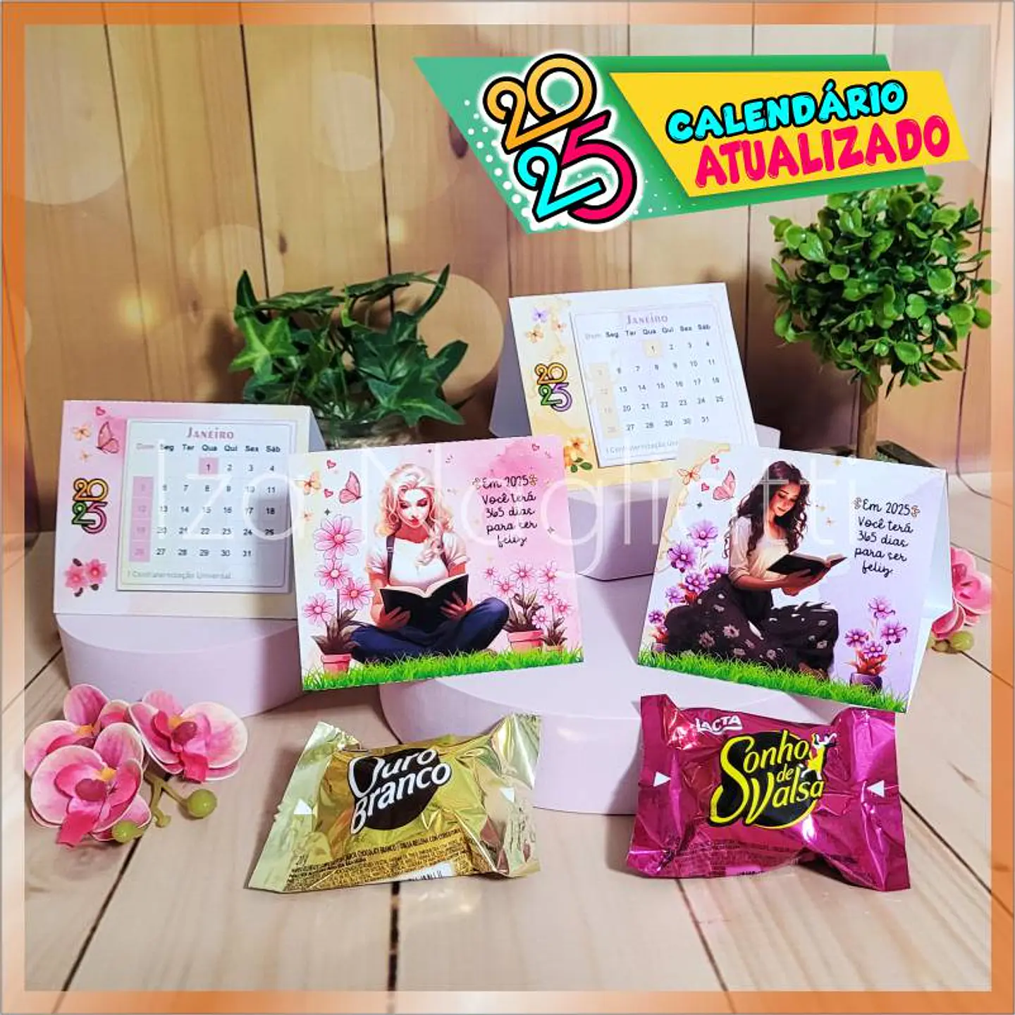 Arquivo 4 modelos de mini calendários de mesa 2025 para lembrancinhas com miolo (meninas jovens) 4