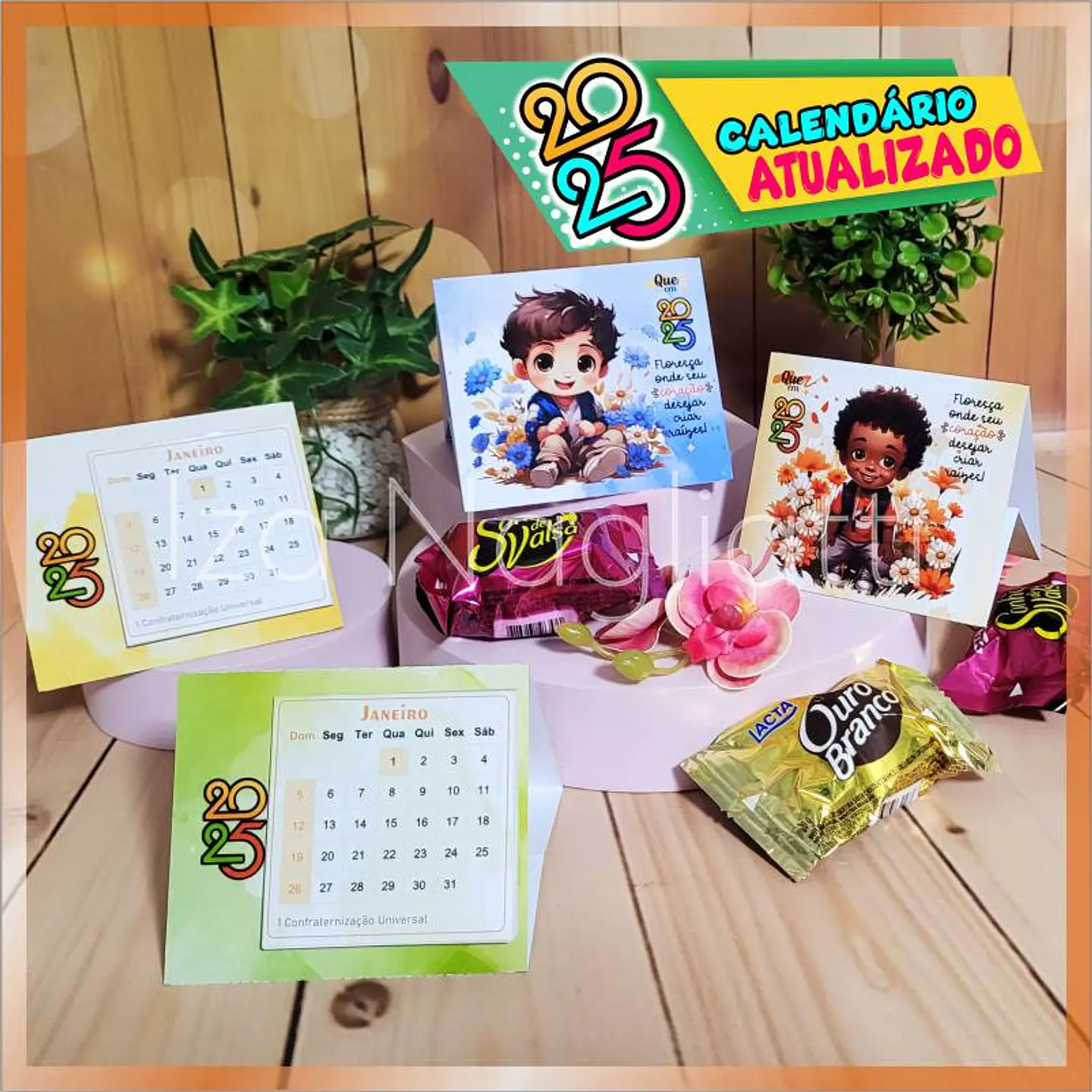 Arquivo 4 modelos de mini calendários de mesa 2025 para lembrancinhas com miolo (meninos) 3