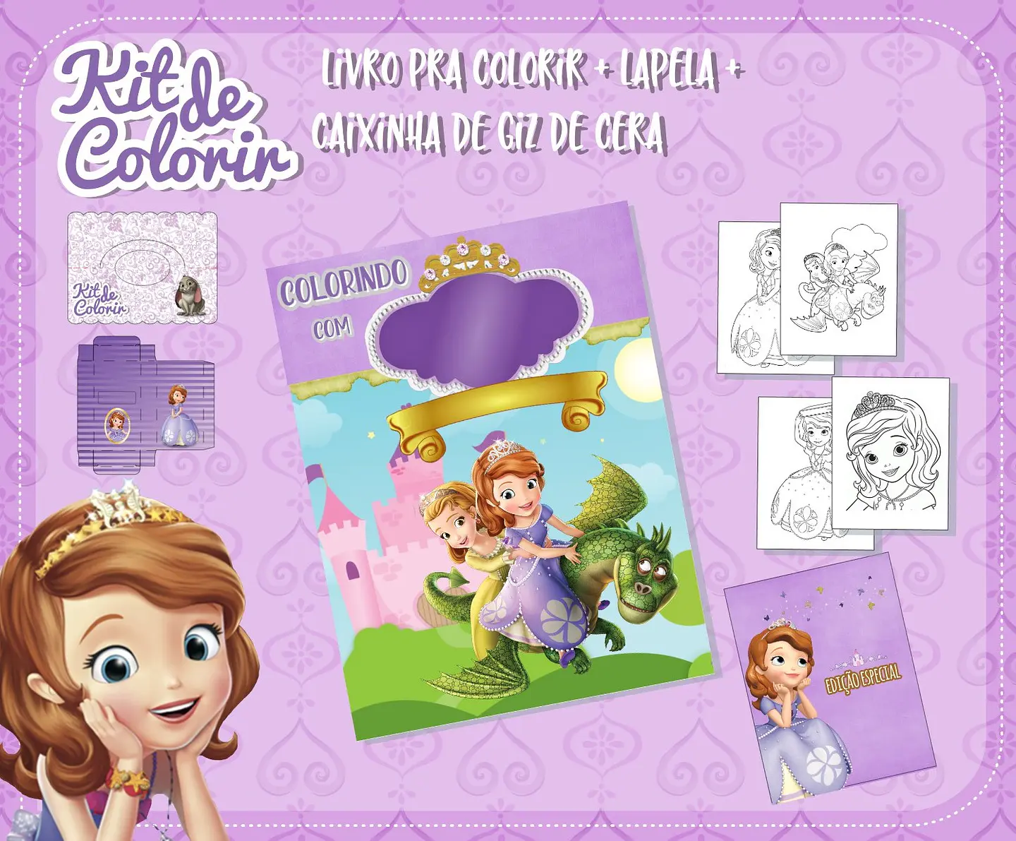 Arquivo de Corte Kit Colorir Princesa Sofia 1