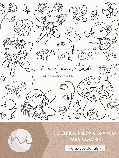 Kit Digital Jardim Encantado das Fadas Para Colorir - ni