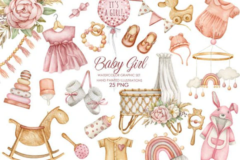 Kit Digital Aquarela Chá de Bebê Menina