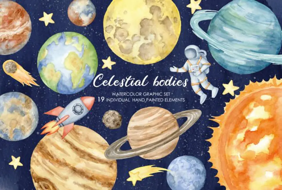 Kit Digital Aquarela  Astronauta Planetas 1
