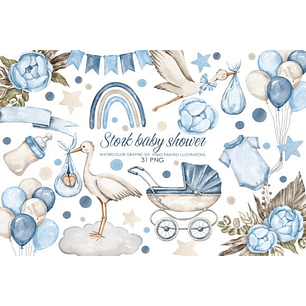 Kit Digital Aquarela Chá de Bebê Azul