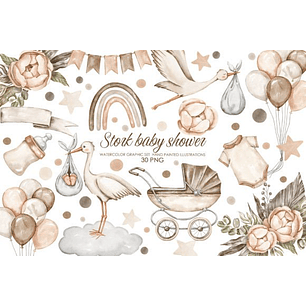 Kit Digital Aquarela Chá de Bebê Bege