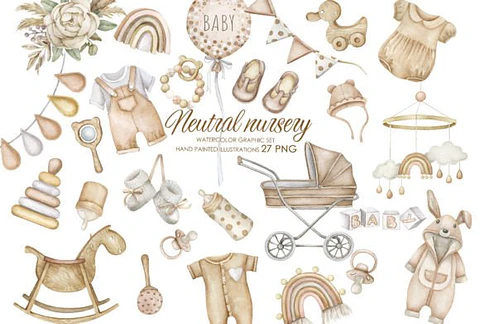 Kit Digital Aquarela Chá de Bebê Neutro