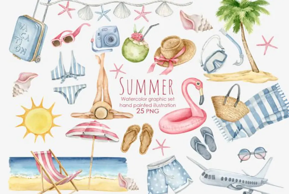 Kit Digital Aquarela Praia Summer 1