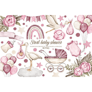 Kit Digital Aquarela Chá de Bebê Rosa