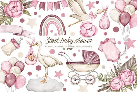 Kit Digital Aquarela Chá de Bebê Rosa