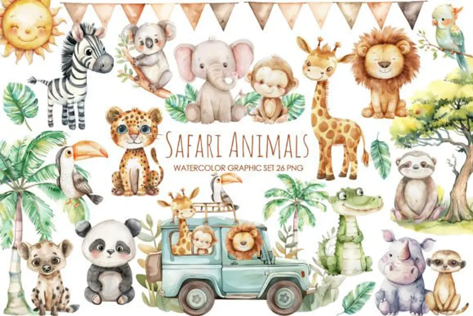 Kit Digital Aquarela Safari Baby 1