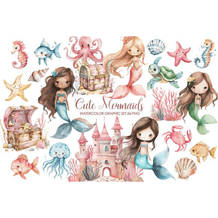Kit Digital Aquarela Sereias Cute