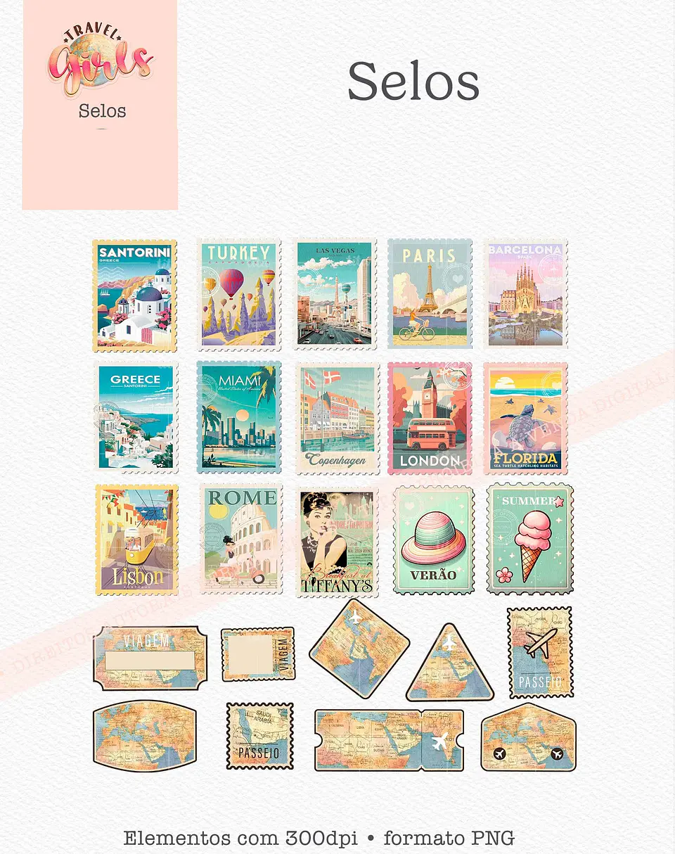 Kit Digital Combo Ilustrações Coleção Travel Girls - 4