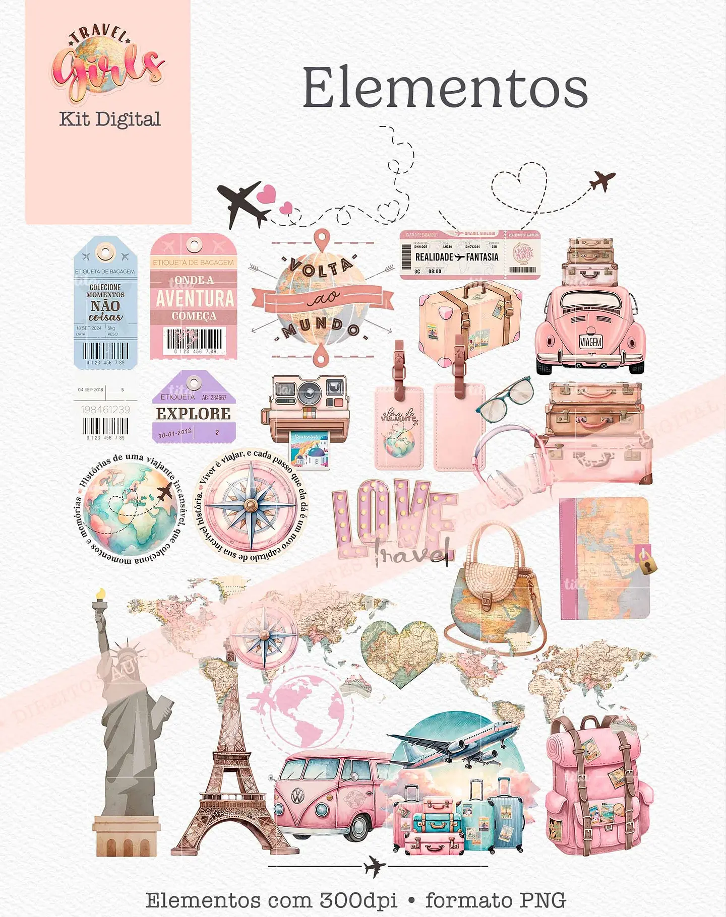 Kit Digital Combo Ilustrações Coleção Travel Girls - 10