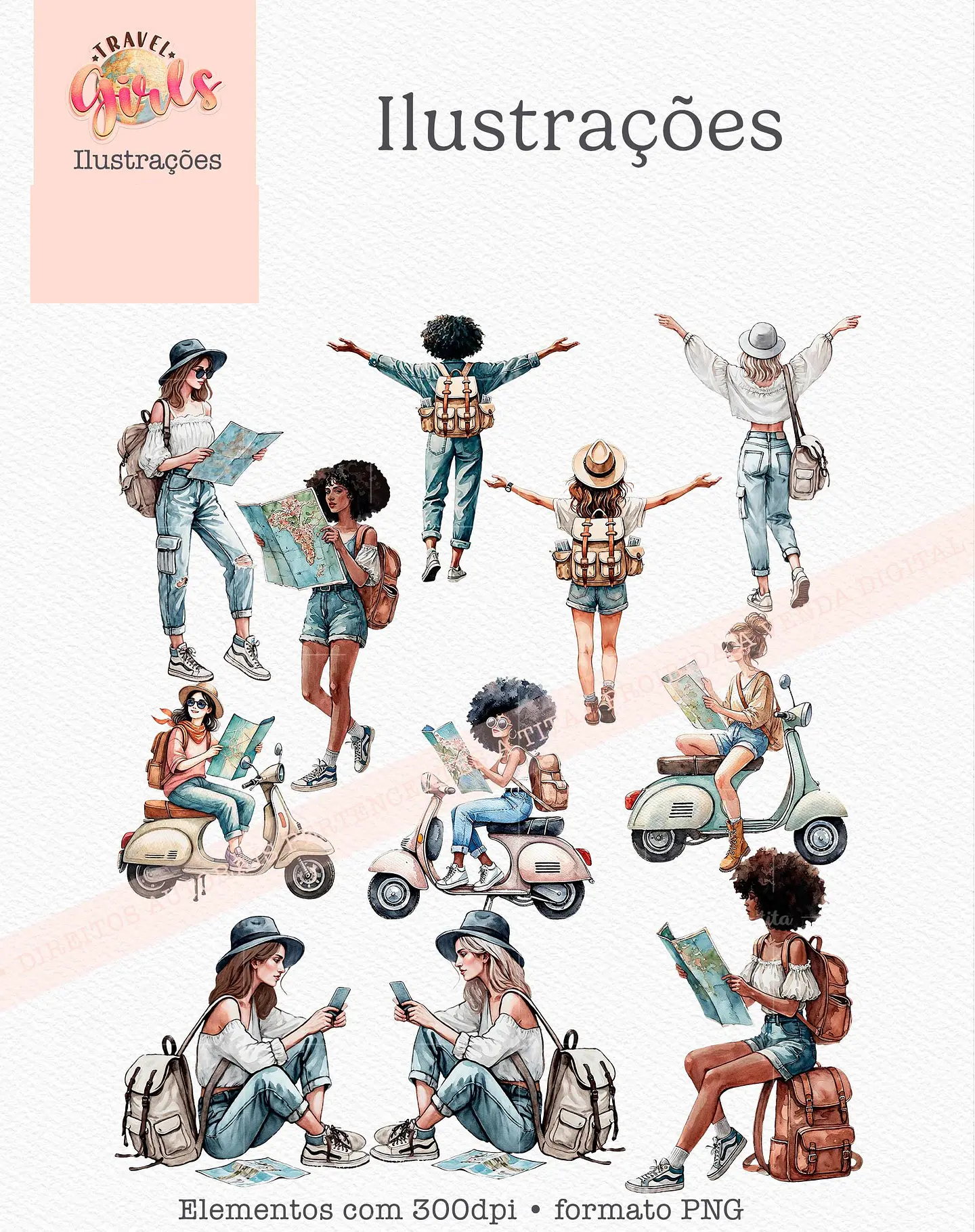 Kit Digital Combo Ilustrações Coleção Travel Girls - 12