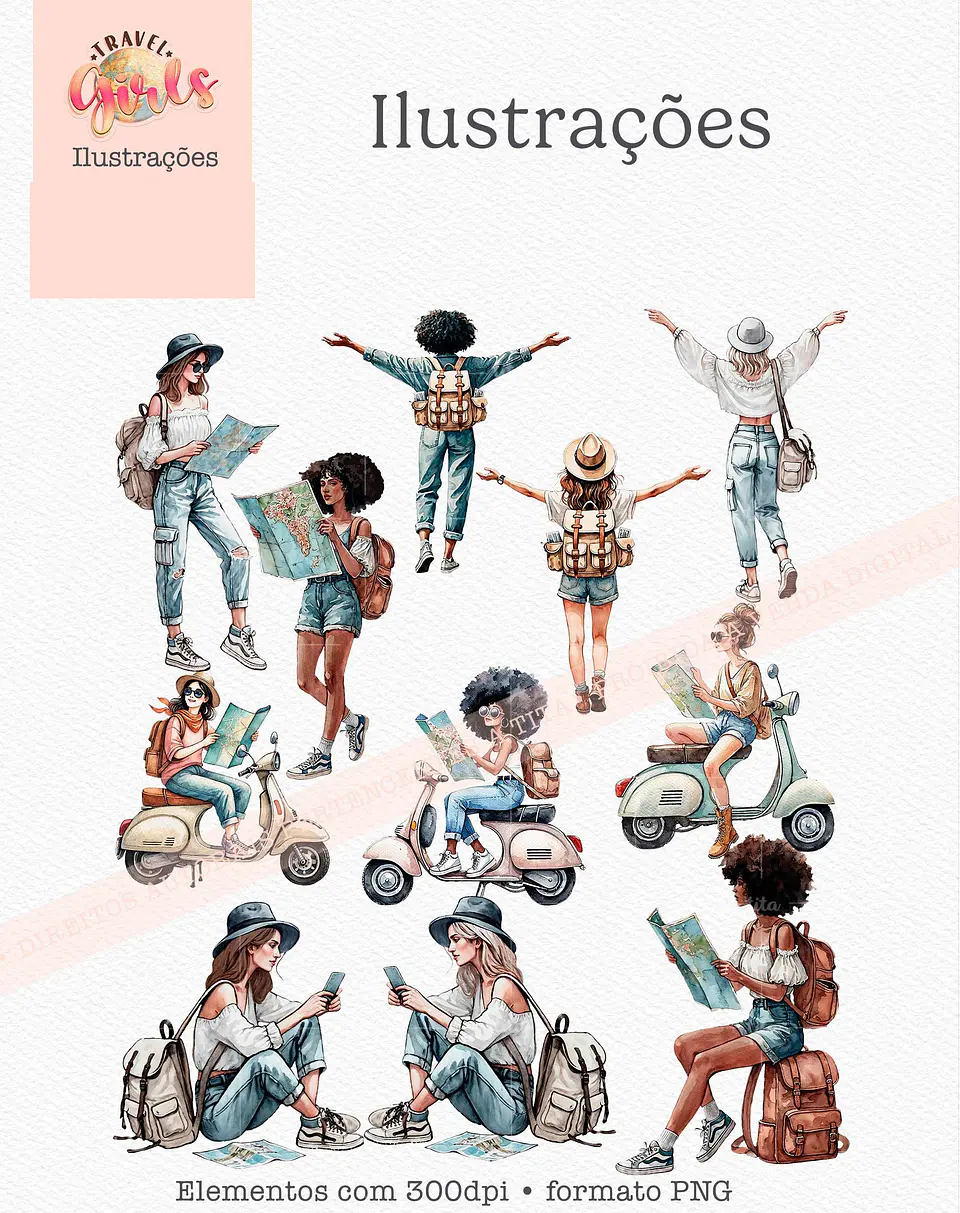 Kit Digital Combo Ilustrações Coleção Travel Girls - 12