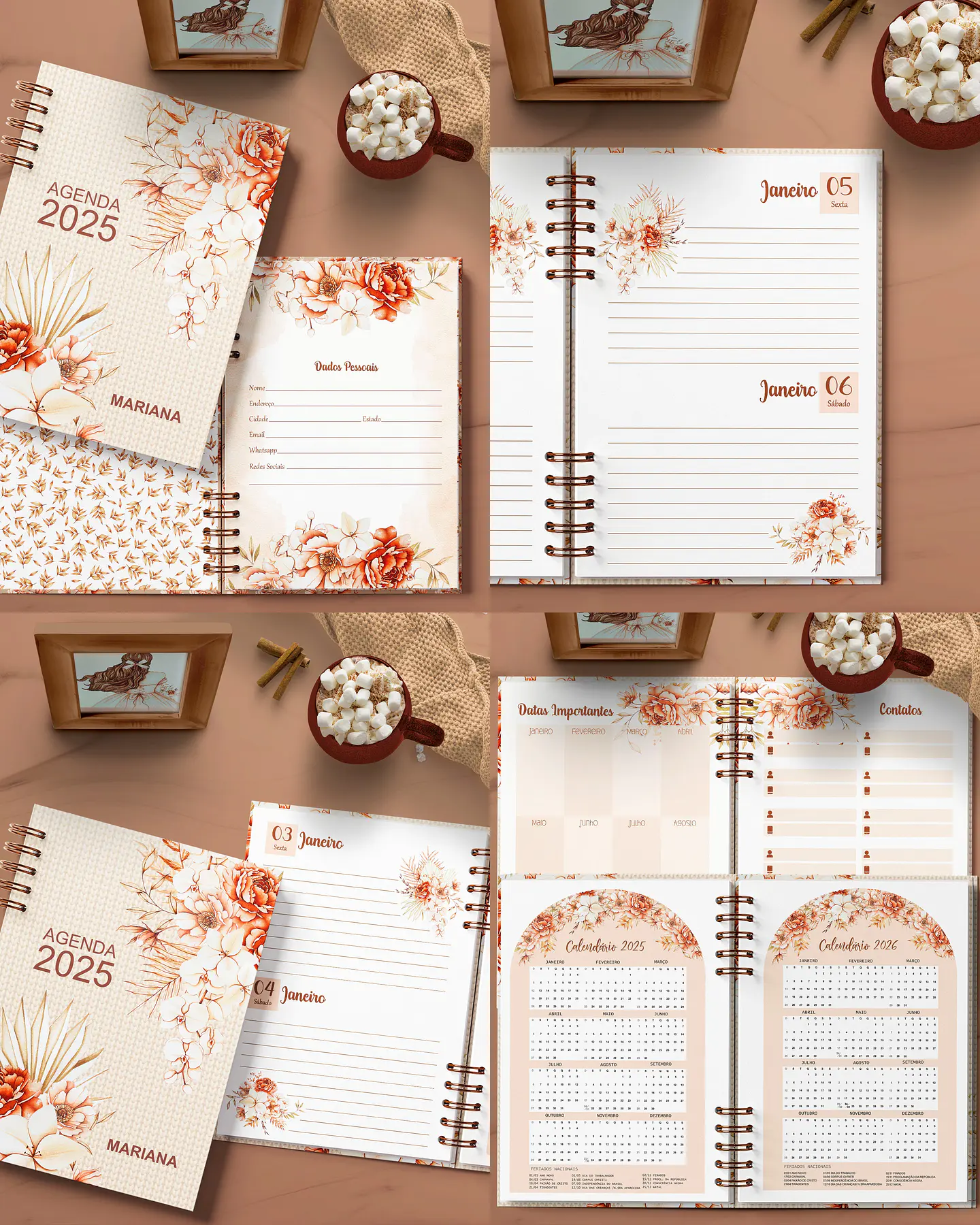 Arquivo Agenda 2025 2 Dias por Página Coleção Floral Boho - Bicho 1