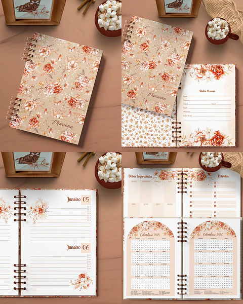 Arquivo Agenda Permanente 2 Dias por Página Coleção Floral Boho - BICHO