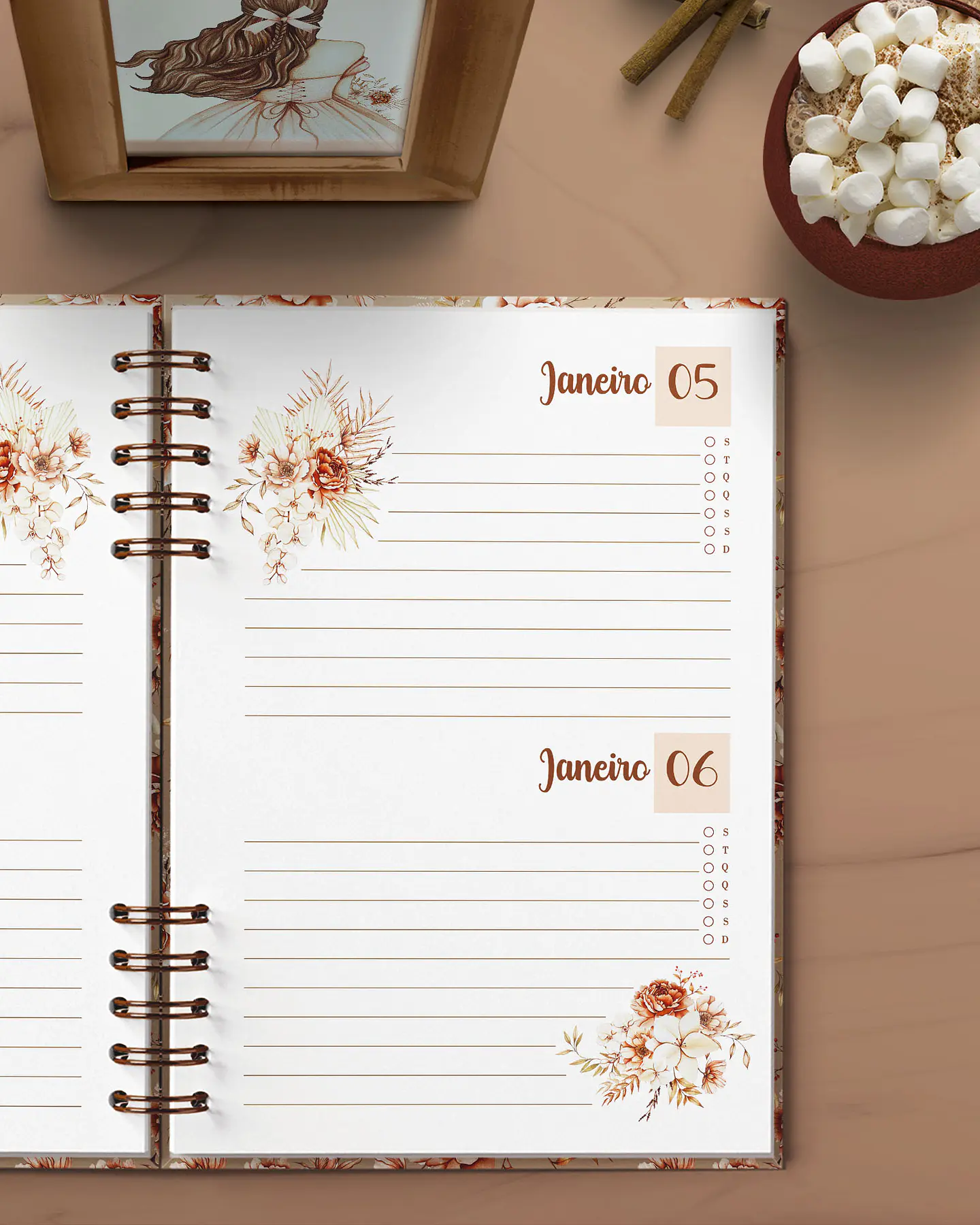 Arquivo Agenda Permanente 2 Dias por Página Coleção Floral Boho - BICHO 3