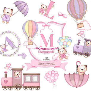 Kit Digital Monogramas Ursinha Lilás e Rosa
