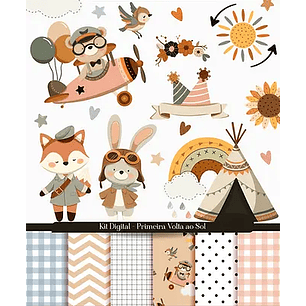 Kit Digital Primeira Volta ao Sol Animais Boho - GABS