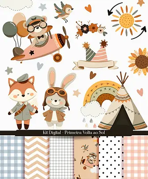 Kit Digital Primeira Volta ao Sol Animais Boho - GABS