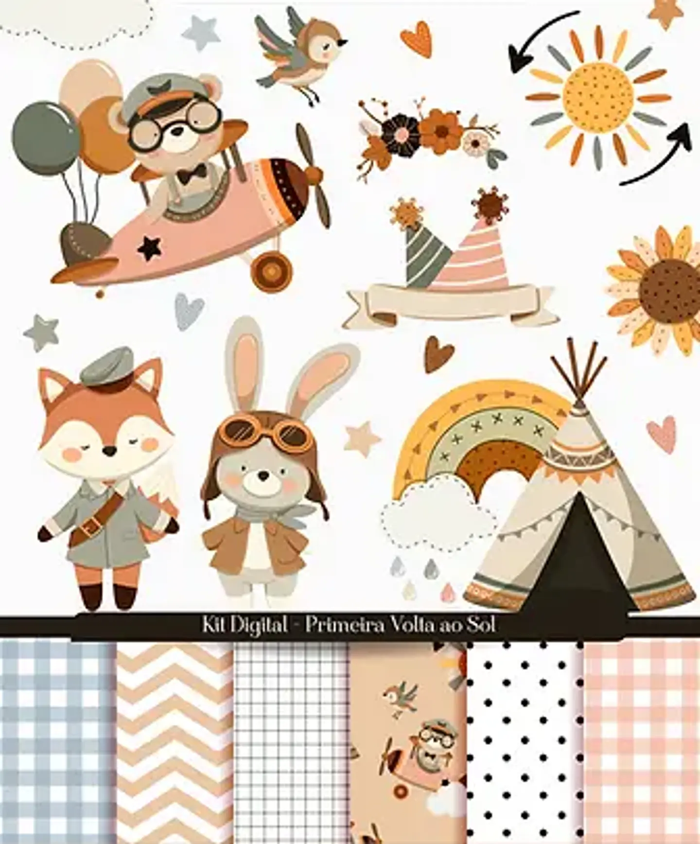 Kit Digital Primeira Volta ao Sol Animais Boho - GABS 1