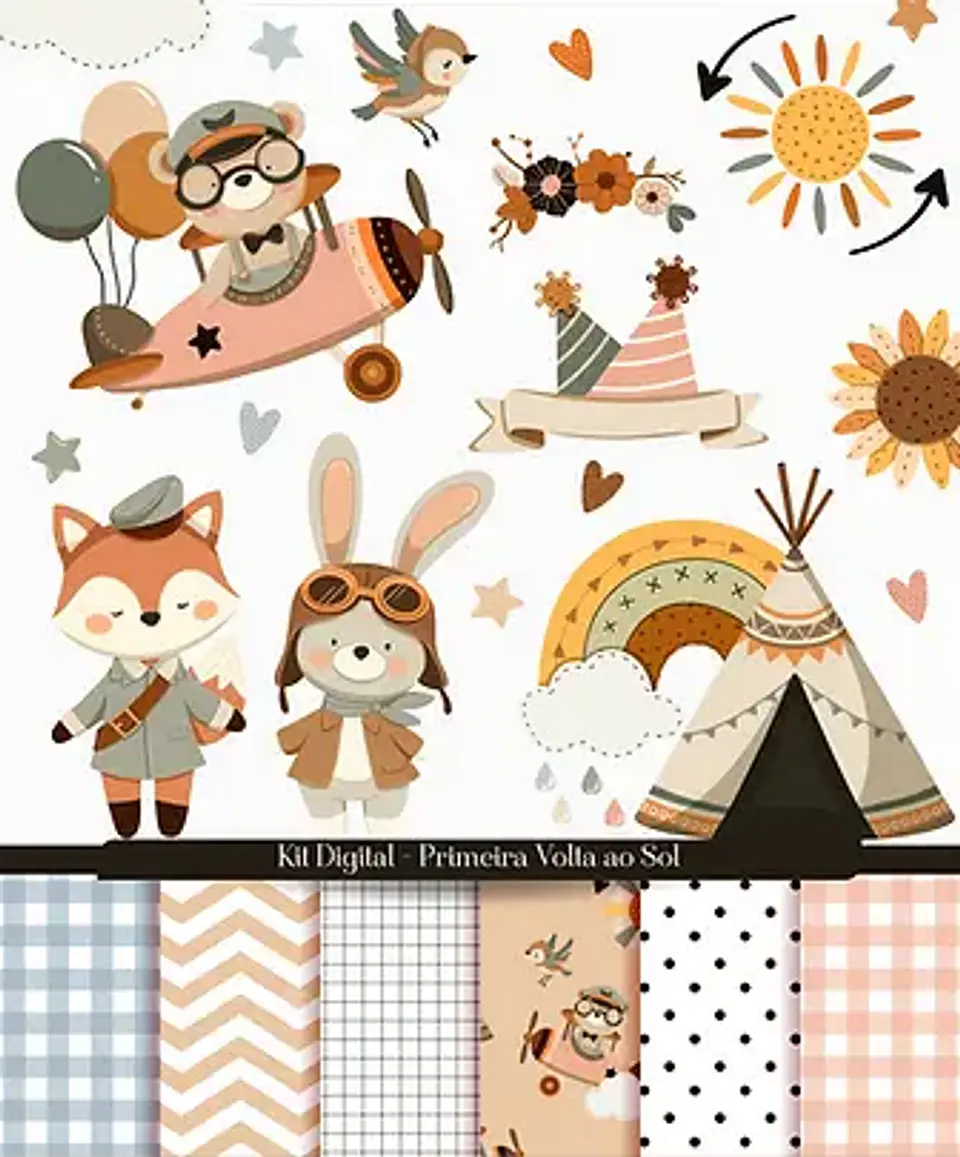 Kit Digital Primeira Volta ao Sol Animais Boho - GABS 1