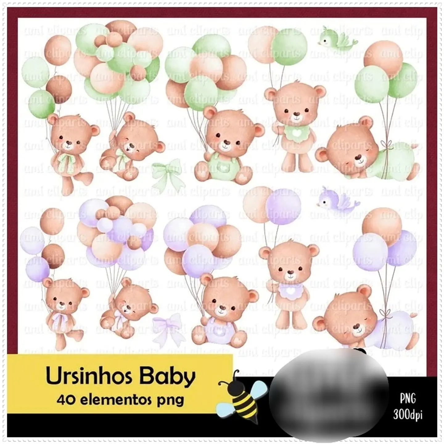 Kit Digital Ursinhos no Balão Lilás e Verde 1