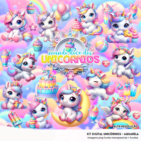Kit Digital Unicórnios Aquarela 3D - Fanddy